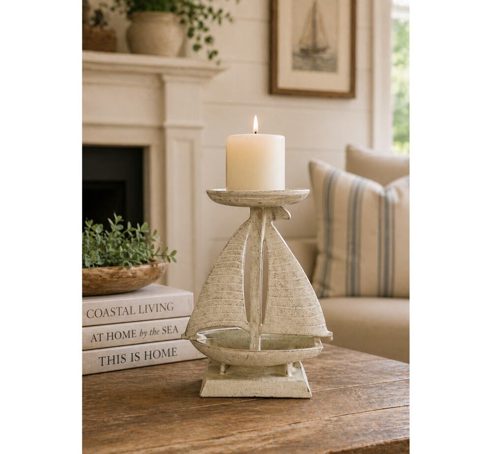 Vintage Cast Iron Sailboat Taper Candle Holder White 8" High x 6.5" Wide x 3.5"